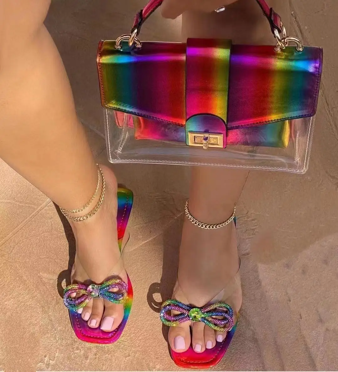 2021 new summer Square toe rhinestone bowknot colorful flip flops women flat slippers  women sandals and purse sets