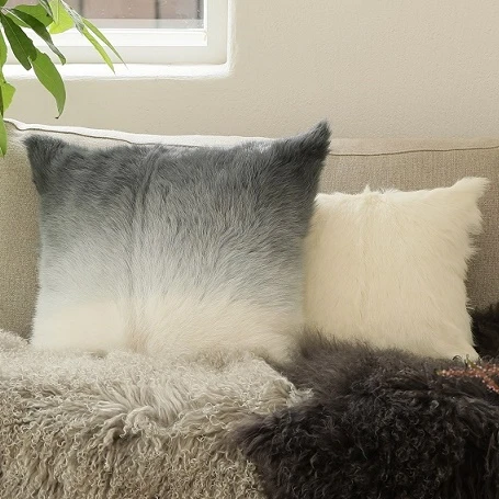 Home Decorative Soft Fluffy Natural Real Wool Sublimation Black Long Hair Plush Fur Throw Cushion Pillow