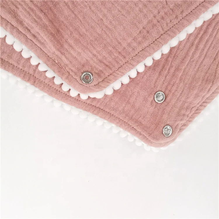 Wholesale Woven Muslin Plain Pom Trim Baby Bibs Organic Cotton