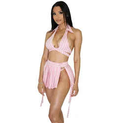 2022 Swimwear Stripe Swimsuit Set Women 3 Pieces Halter Bra Pleated Skirt Bikini Set