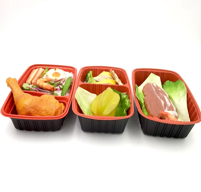 Disposable red inside black outside pp takeaway airline bento box food container plastic with lid
