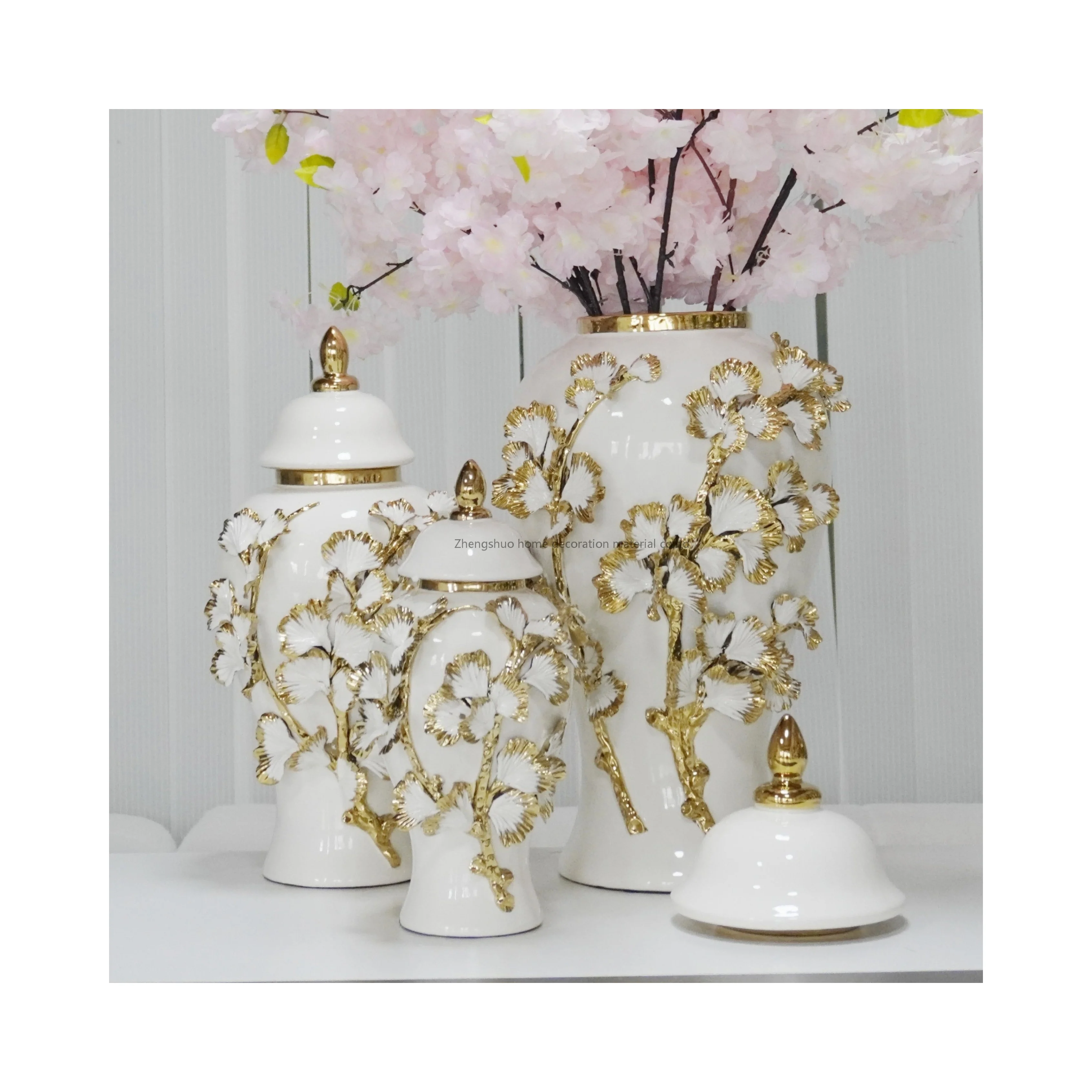 2024 luxury light style ceramic vase white ginger jar with gold leave flowers  for home decor table top floor home decor