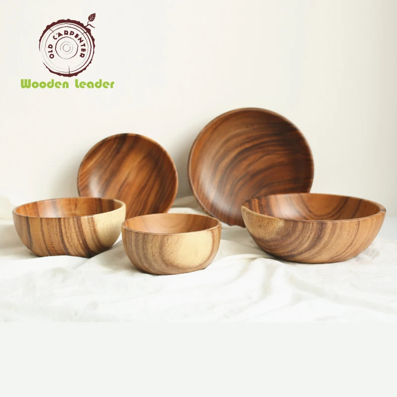 Old Carpenter Factory Small Food Wooden Salad Timer Bowls LOGO Free Darker Brown Acacia Soup Noodle Baby Food Bowl for Cereal