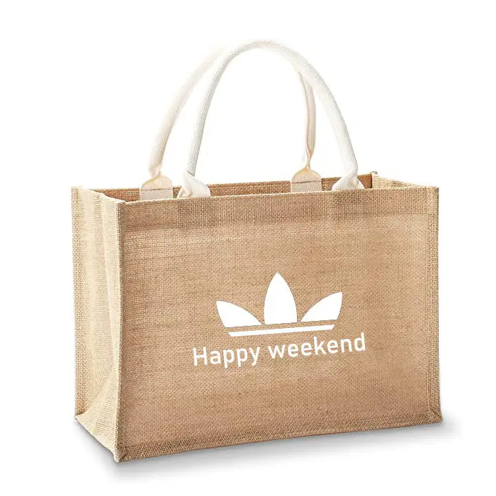 Custom Printed Logo  Strap Plain Grocery Shopping Promotional Hessian Burlap Jute Tote Bag For Advertising