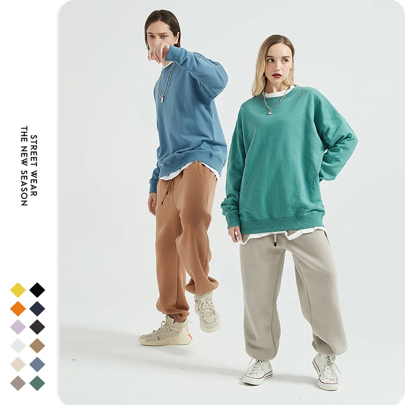 
2021 Winter Solid Streetwear Casual 0-Neck Loose Knit Cotton Terry Hoodies Sweatshirt 