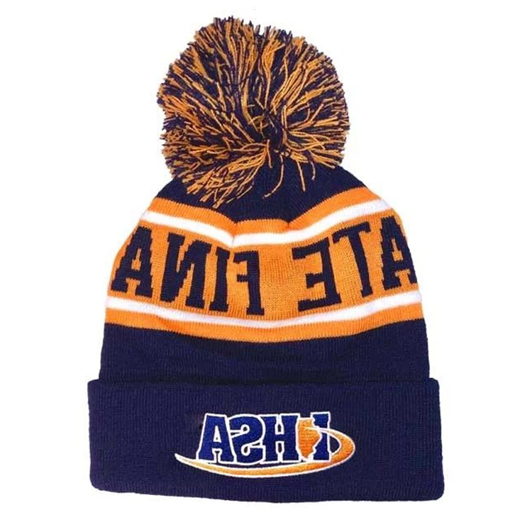 Custom Logo Jacquard Pom Pom Winter Knitted Beanie Hat,Cuffed Beanie Cap With Pom