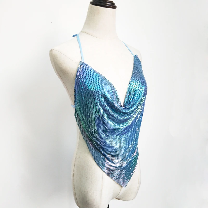 Summer Women Night Club Beach Wear Clothing Metallic Sequin Bikini Chain Mail Metal Mesh Crop Top