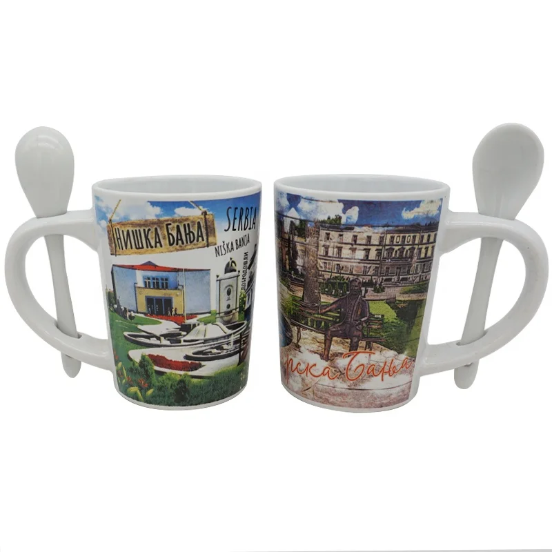 8oz personalized coffee mug ceramic with spoon, souvenir mug small MOQ printed mug
