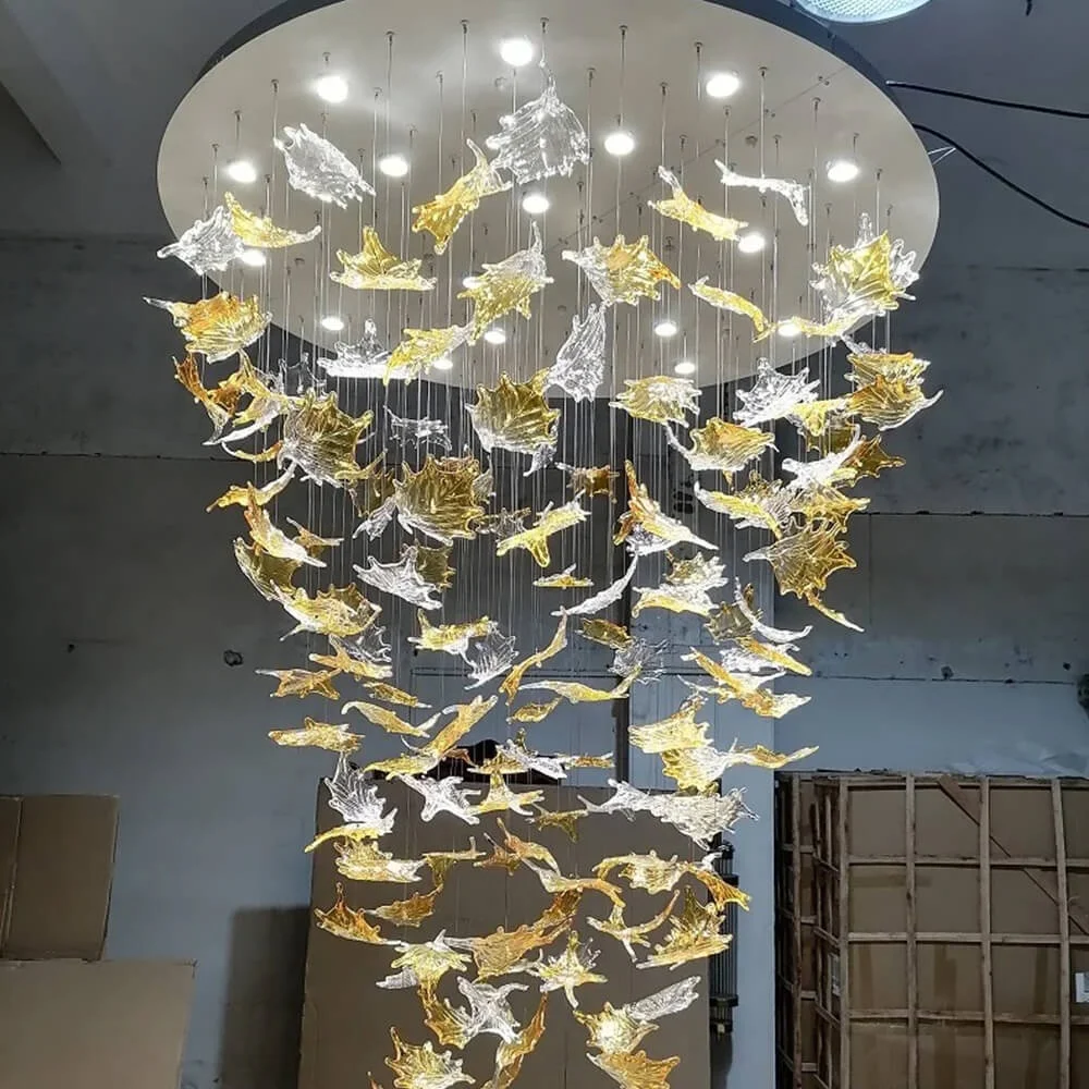 Modern Art Blown Glass Lead Chandelier Living Room Hotel Lobby Villa Hanging Pendant Lights Modern Maple Glass Leaf Chandelier
