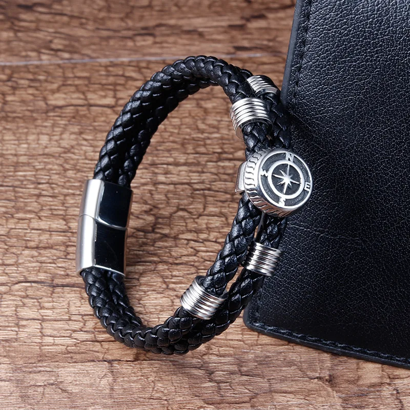 Fashion men jewelry bracelets stainless steel braided genuine leather bracelets anti tarnish custom