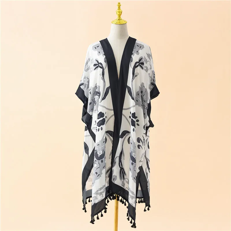 Европейская и американская весенне-летняя женская пляжная Солнцезащитная рубашка с принтом ветра для моря Блузка-шаль накидка