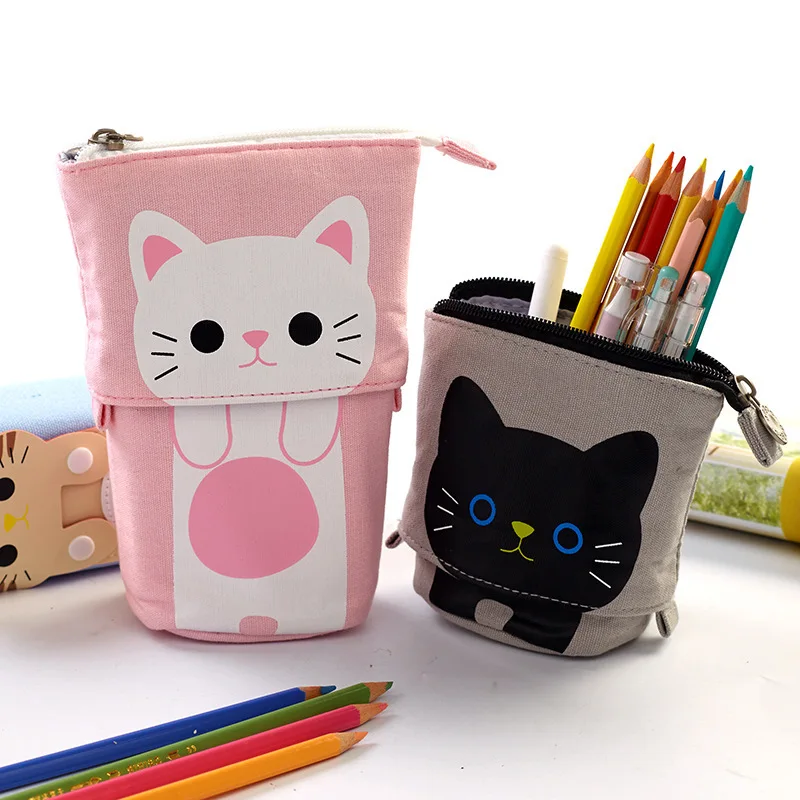 Korean Stationery Cute MultiFunction Retractable Pen Holder Cat Animal Canvas Kawaii Pencil Case Pouch For Girls