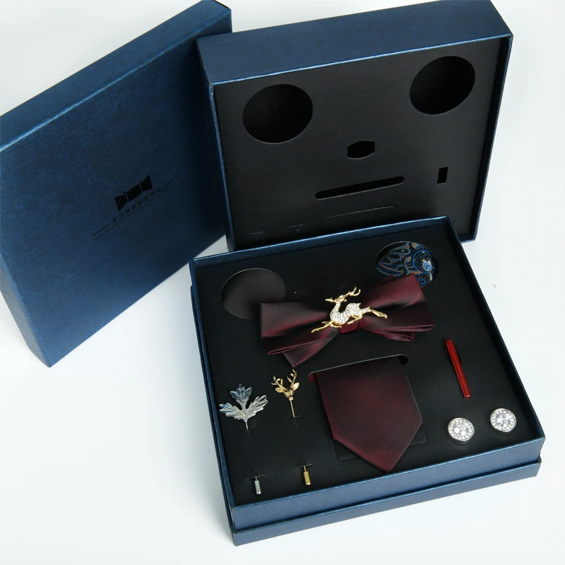 Custom Strip Fashion Style Cravat Luxury Bow Polyester Silk Neckties Mens Strip Cufflink Hanky Neck Cable Ties Set Box