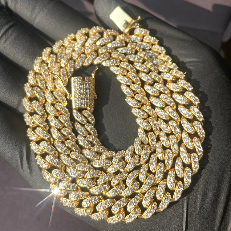 925 Silver 10mm 6mm Wide Hip hop Cuban Chain Free Fire Moissanite Diamond Single row necklace link chain