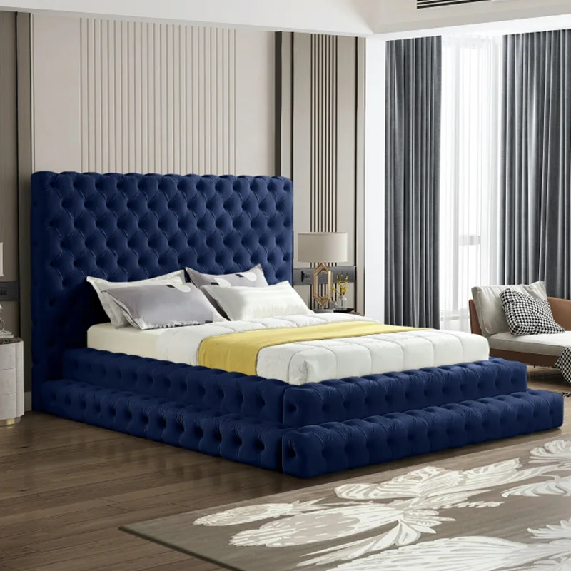 American Style Bedroom Upholstered Tufted Modern Platform Soft King Queen Size Bed Frames