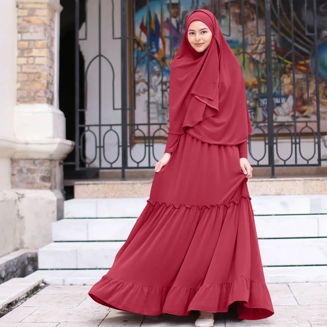 Arab Women Dubai Kaftan Turkish Long crew neck Dress Hijab Islamic Abaya  Clothing Muslim Maxi Prayer Dresses For Young Girl
