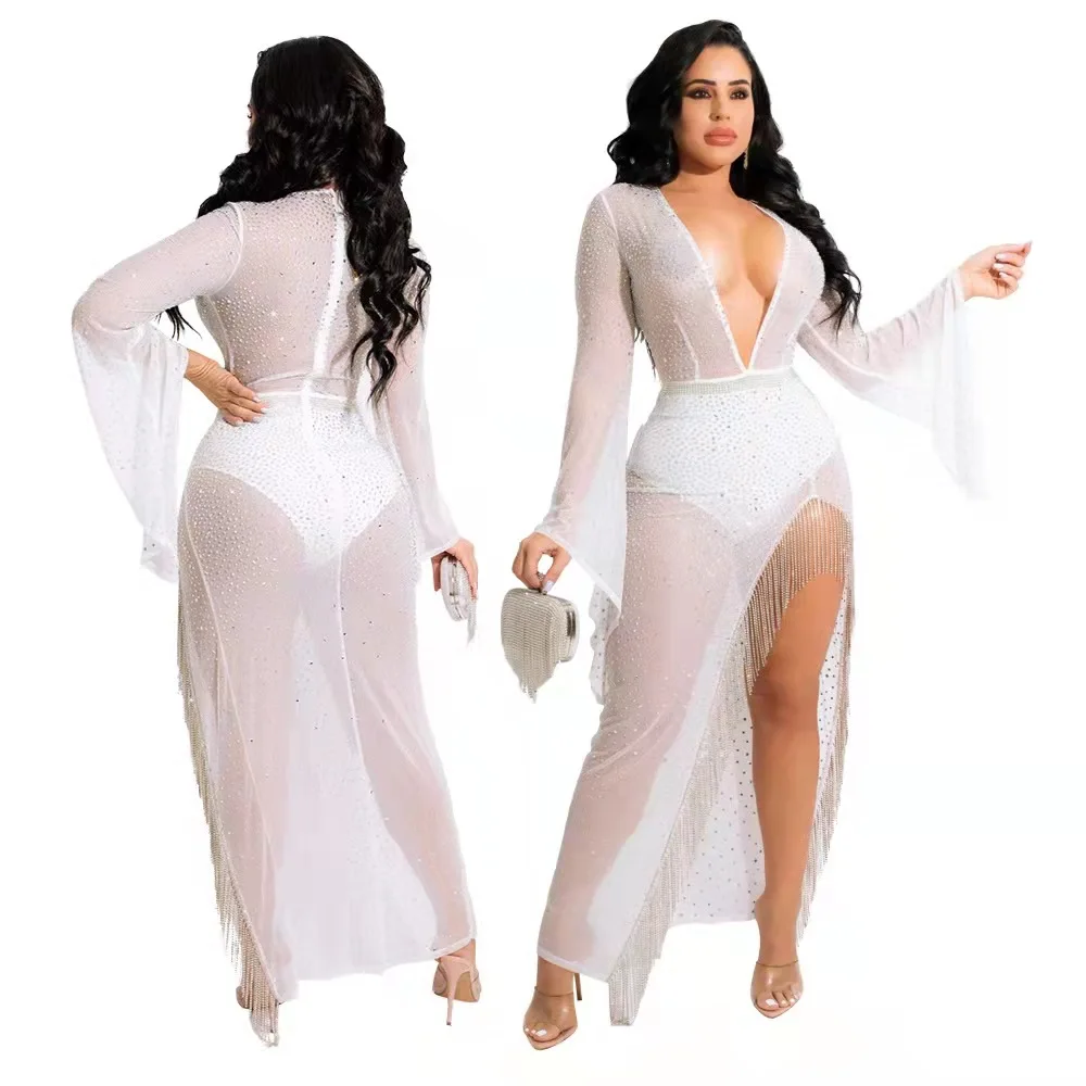 2022 Women Party Dress Perspective Deep v-Neck Skirt Drilling Sexy Rhinestone Fringe Slit Tassel Evening Dress 3XL