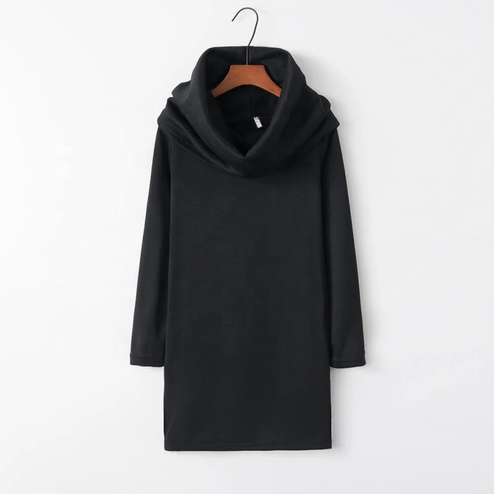 European and American fashion autumn and winter new solid color pile collar hooded bag hip long sleeve head warm dress