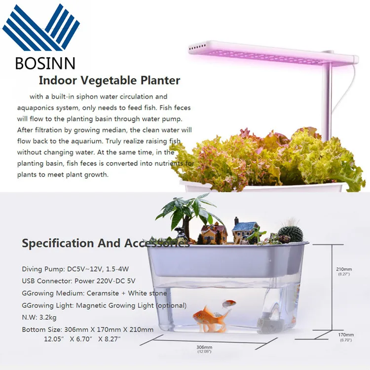 Flowerpot Aquaponic System Grow Light Hydroponics Vegetable Aquaponic Micro-ecological System Water Pump Fish Tank