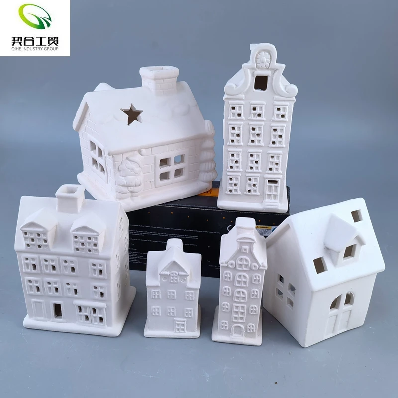 Ceramic Village House Ceramic Plaster Painting Kids Bisqued Christmas Ornament Diy Bisque Painting Toy For Kids