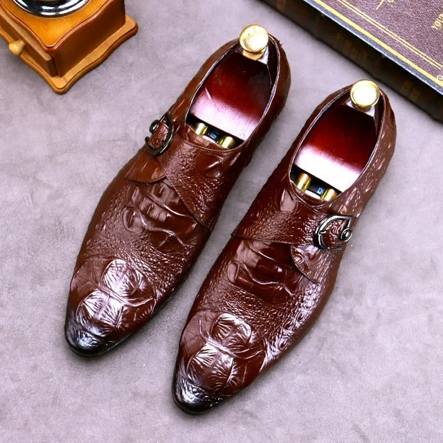 England Buckle Casual Shoes Fashion Men Shoes Crocodile Pattern Genuine Leather Pointed Shoes