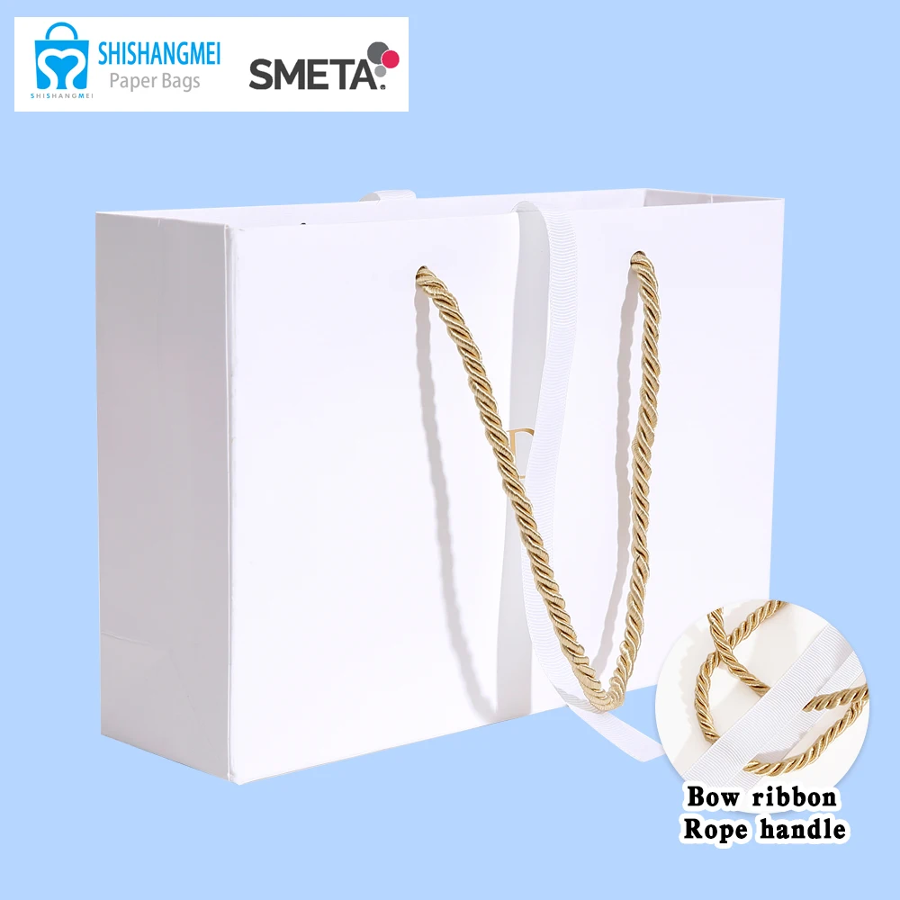 Hot Stamping Logo Recyclable White Gift Ribbon Paper Bags Customised Jewelry Packaging Luxury Paper Bags