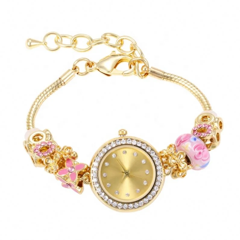 Best Selling Bead Charm Pave Diamond Adjustable Bracelet Quartz Watch For Women Girls