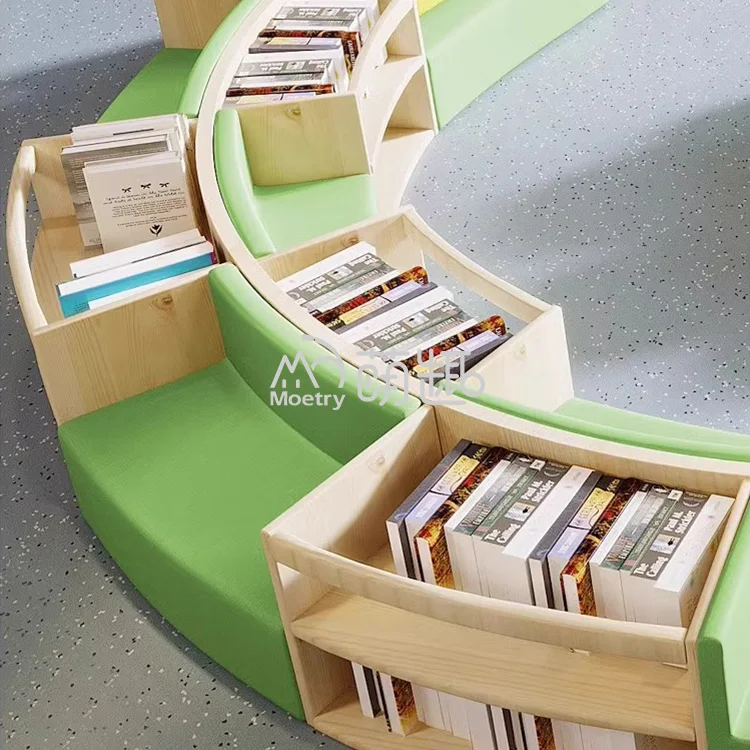 Moetry Wooden Curved Reading Bench School Bookshelf Modern Library Bookcase For Children Youth Library Literacy Center