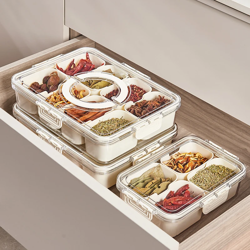 Divided Serving with Lids Handle 8 Compartment Box Fruit Container Tray Candy Treat Pantry Tray Food Storage Clear Organizer