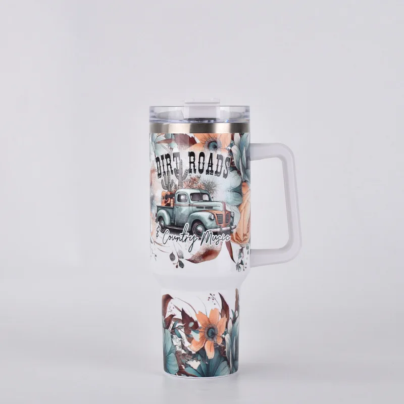 Creative 304 stainless steel insulated cup with handle portable printed car cup   with Lid Straw for Water