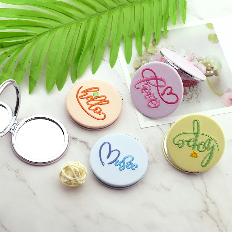 Portable Round Folded Compact Mirrors Makeup for Personalized Gift Round Compact Mirror Plain Metal Mirror with Embroidery
