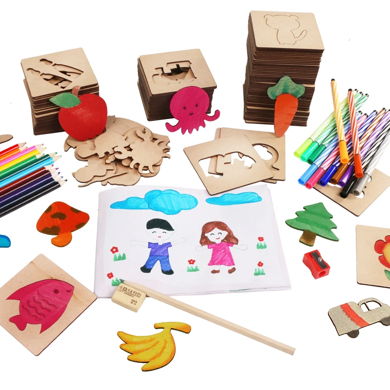 75 Pieces Children Wooden Drawing Toys a Set of Tools Can Doodle Fill Draw Creative Templates Educational with Box