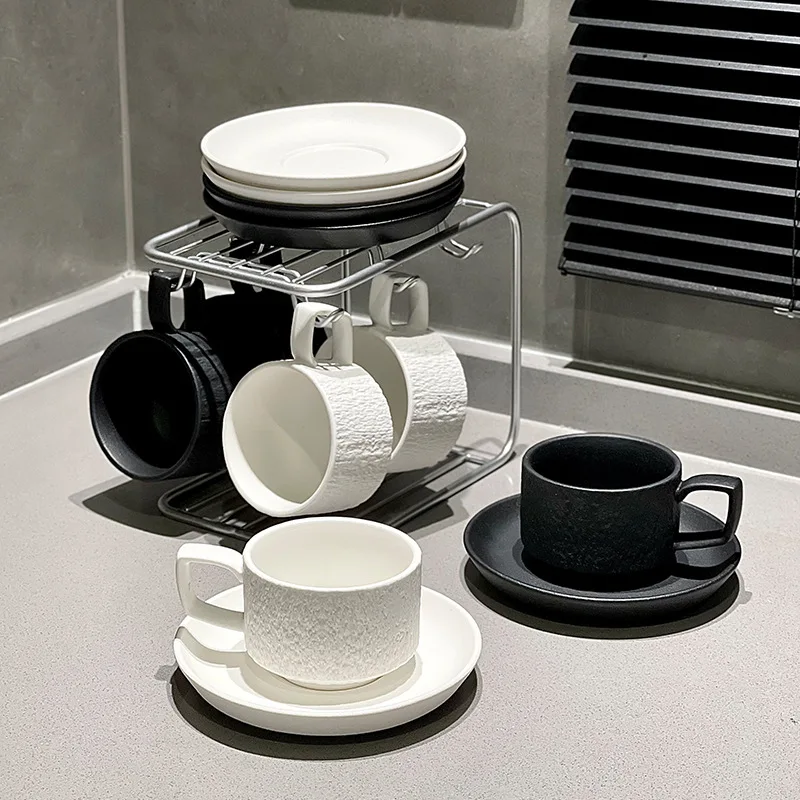Европейский текстурированный матовый керамический набор кофейных чашек капучино черный белый фарфор чайные чашки и блюдца