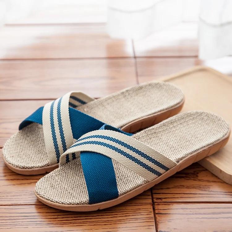 Breathable a word flip flops flax shoes male sliders sandal at home linen slippers men