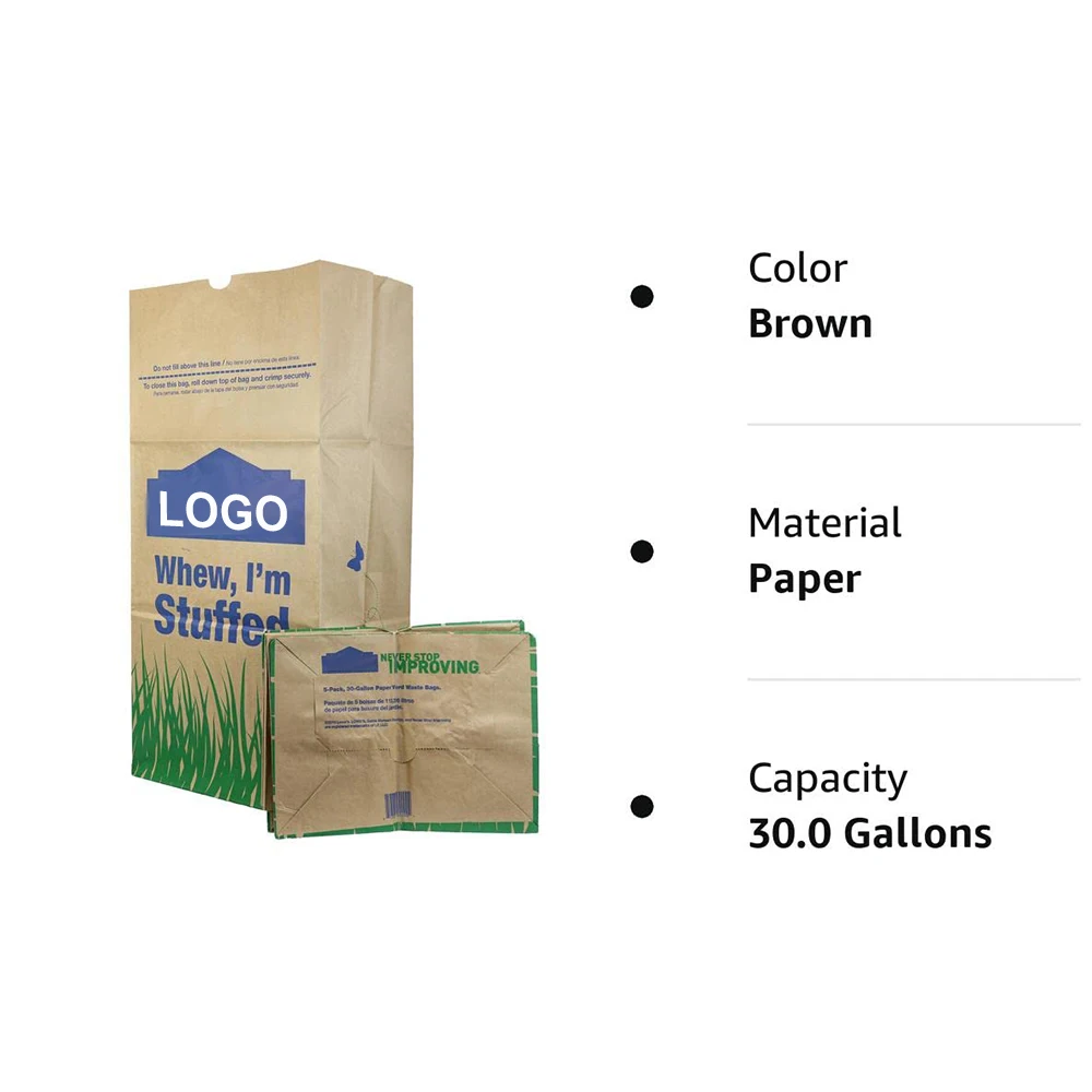 Custom Logo Printed 30 Gallon Heavy Duty Thick Kraft Paper Brown Bag Lawn And Leaf Refuse Paper Bags For Home And Garden