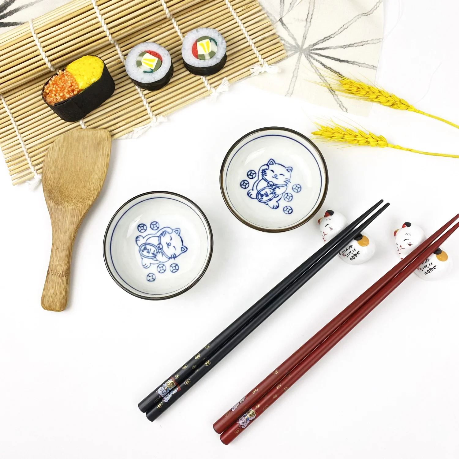 2024 Wholesale Natural  Sushi  Dinner Plate Dish  Set custom Japanese  lucky cat  chopsticks bamboo mat sushi set