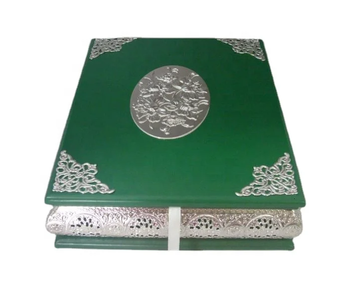 Islam Koran metal gold silver frame green red wooden quran book gift box
