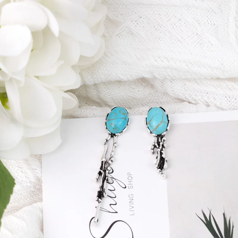 Silver Needle Bohemian Style Asymmetric Blue Turquoise Earrings Creative Personality Inlay Fashion Jewelry
