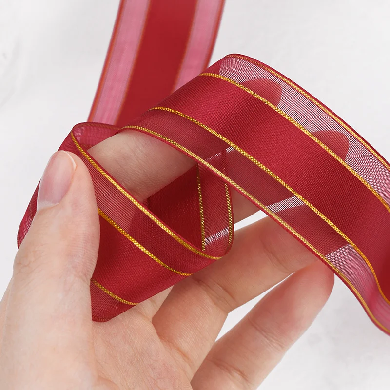 Gold Wire Edge Gift Satin Silk Ribbon Chiffon Crafts Flower Cake Boxes Packaging Custom Ribbons With Logo