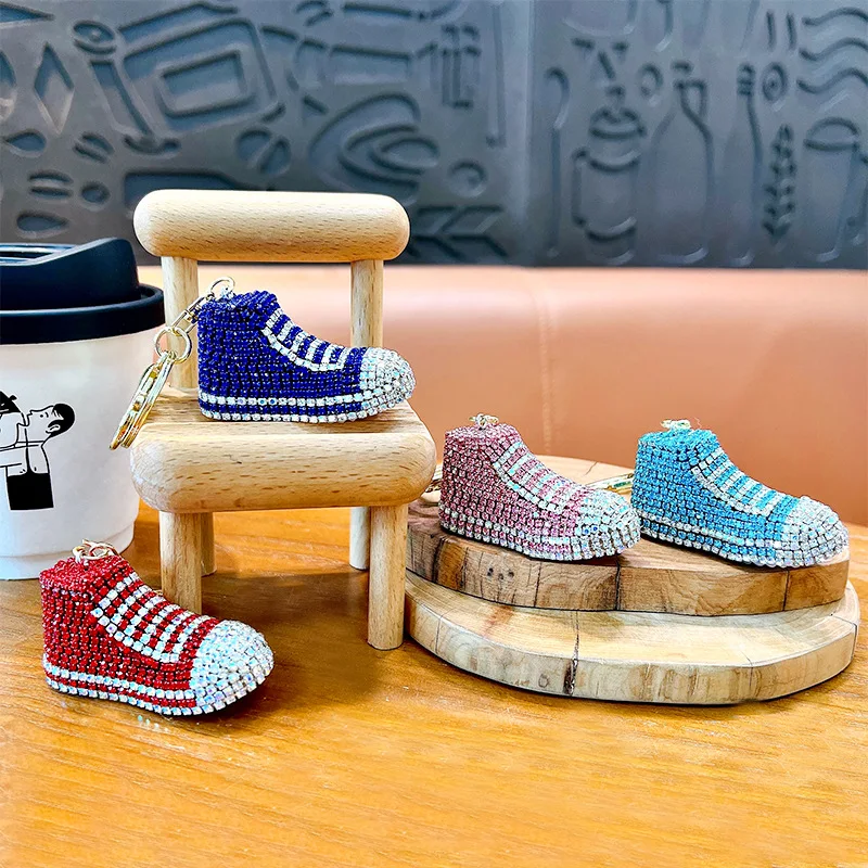 New Full Rhinestone Shoe Keychains Couple Bling Diamond 3d Sneaker Key Chain For Woman Bag Car Keyring Metal Key chain for sale