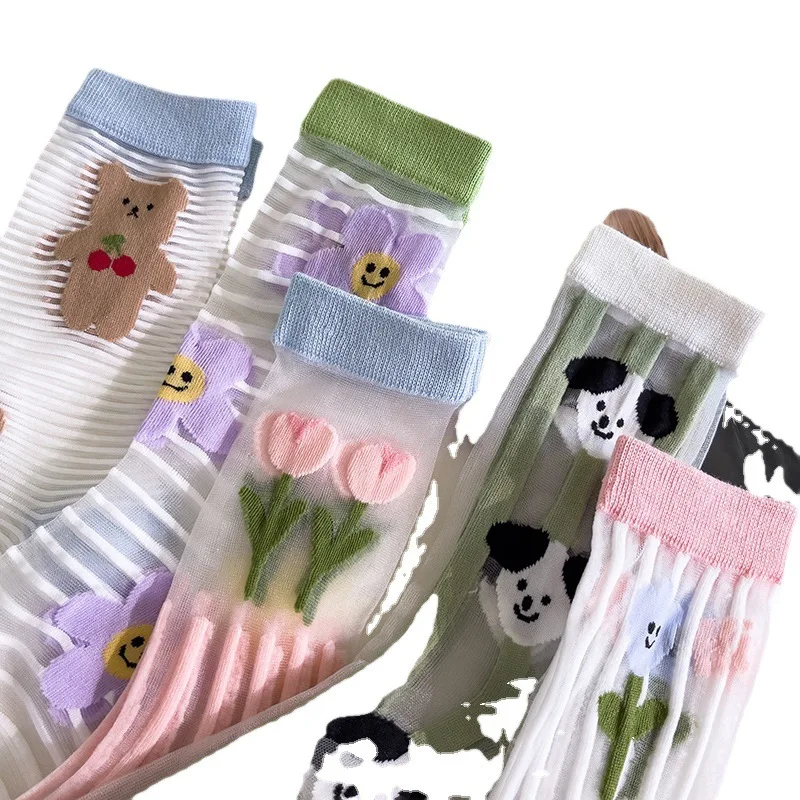 Summer Ultra-thin Crystal Silk Socks Animal Embroidery Harajuku Retro Elastic Long Socks Mesh Fishnet Transparent Lace Socks Sox