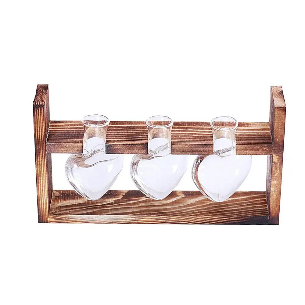 Hanging Glass Tabletop Flower Vase Plants Hydroponic Pot w/ 3 Beaker& Wood Stand