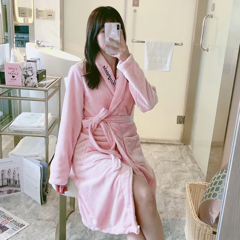 
Good price winter women flannel plus velvet thickening simple pure color bathing home service bathrobes 