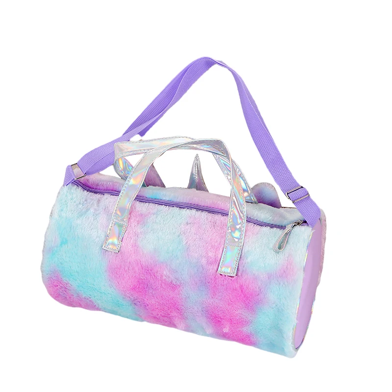Low MOQ Girl Kids kawaii Cartoon tie dye Rainbow Unicorn RTS duffle sport GYM duffel KIDS Plush travel bag