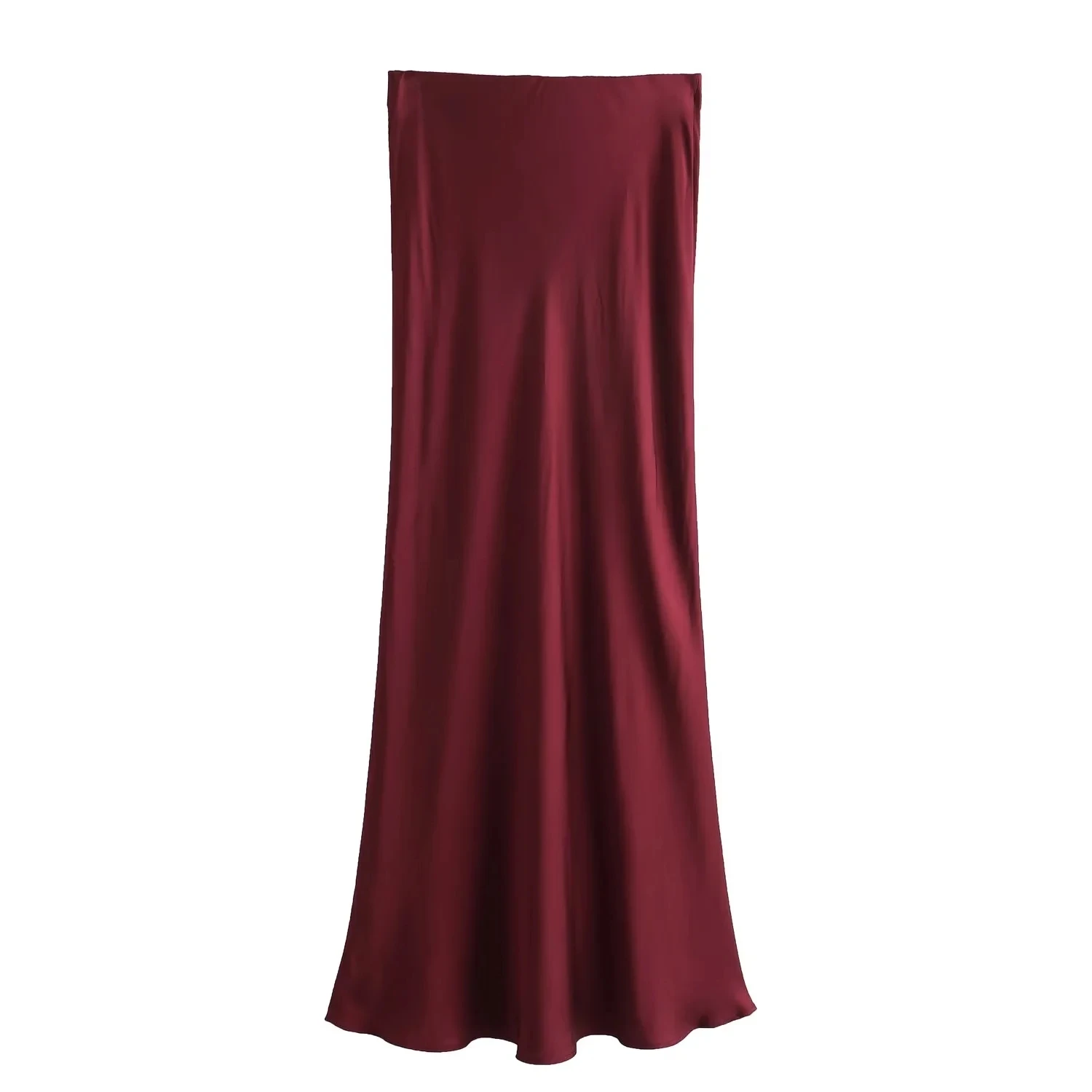 Burgundy color zipper fly silky satin casual fashion long skirt for women