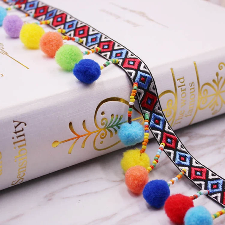 Hot Selling Colorful Wool Ball Lace Diy Handmade Nailed Beads National Style Ribbon Curtain Tassel Lace