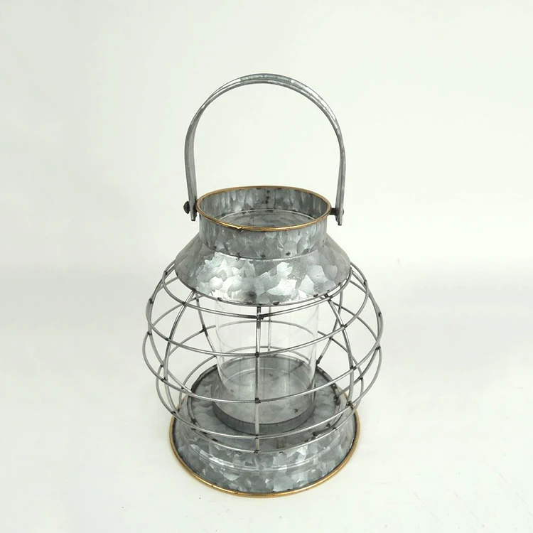 Antique Style Galvanized Metal Lantern With Glass
