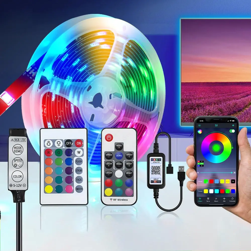 5M Flexible LED Strip, 5050 RGB Atmosphere Soft Light Bar USB TV Background Music Strip with 24 Key Control