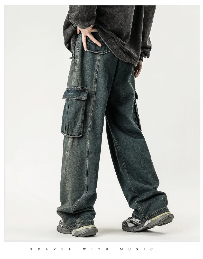 SKYKINGDOM American Retro Design Street Straight Leg Wide Leg Hip Hop Jeans for Men