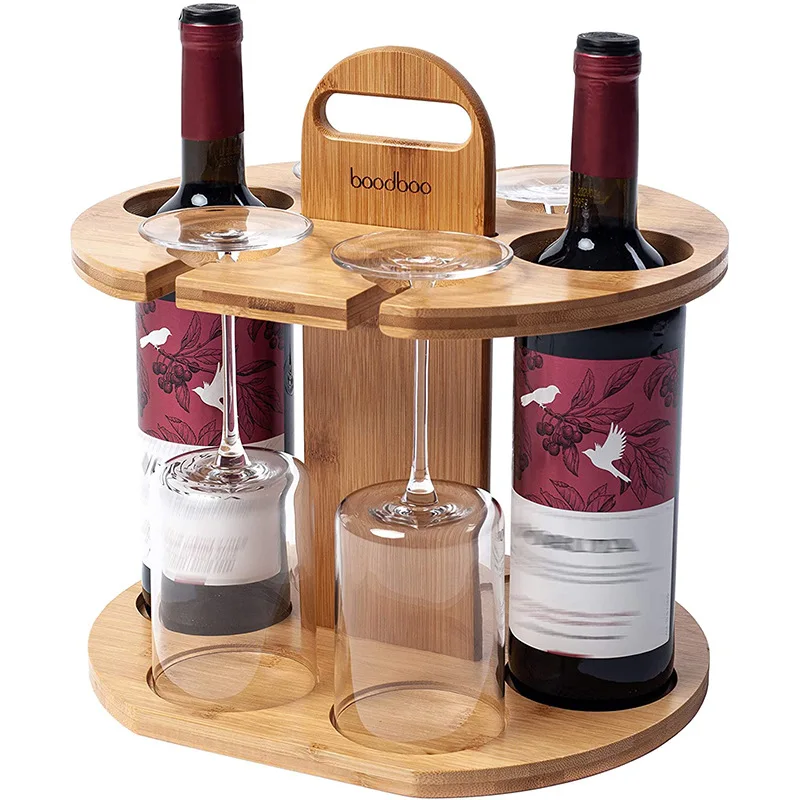 Custom Bamboo Wood Outdoor Living Camping Beach Party Accessories Snack Tray Wine Rack with Wine Glass and Bottle Holder